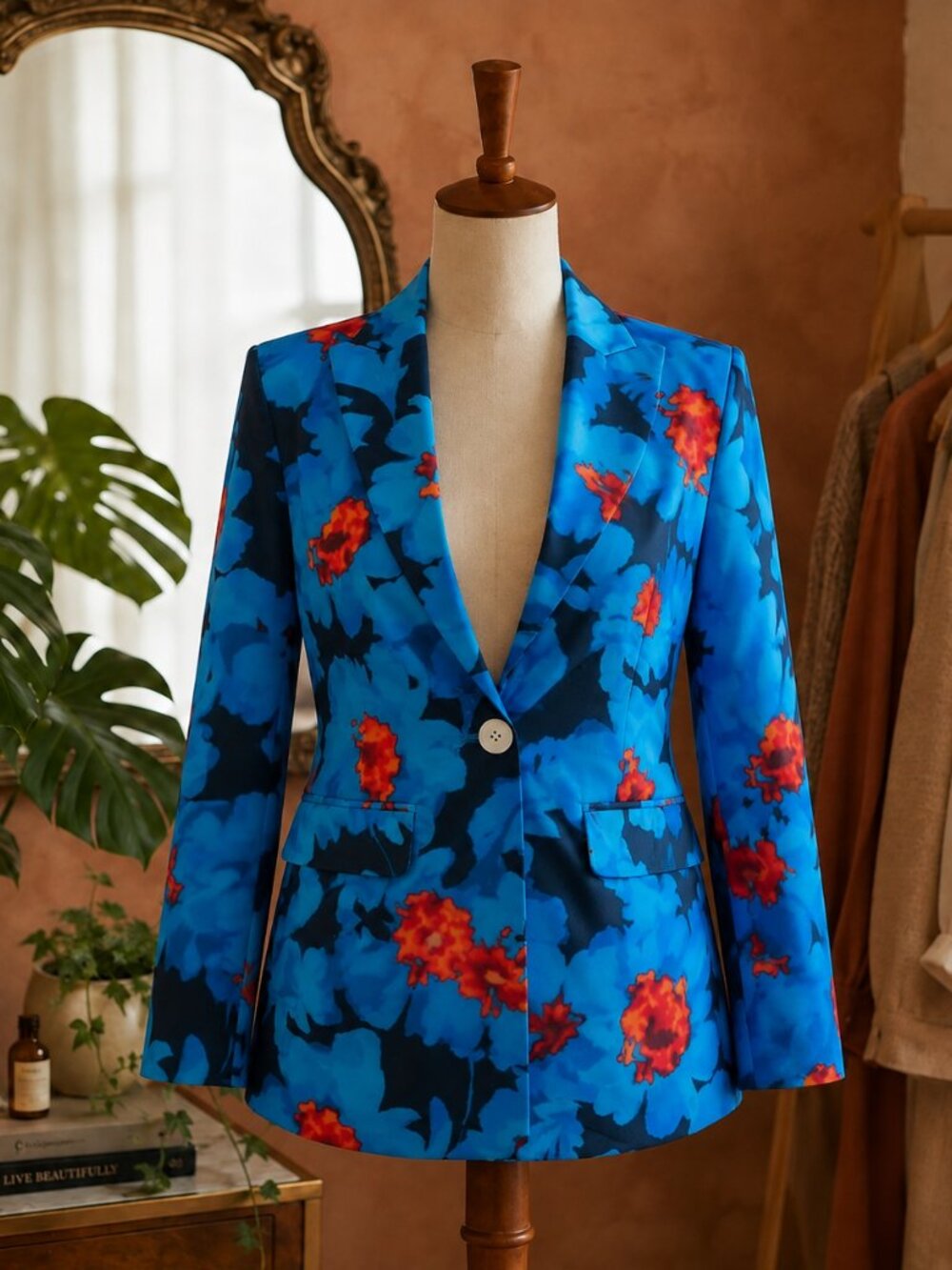 New York & Company Vibrant Blue Floral Blazer
